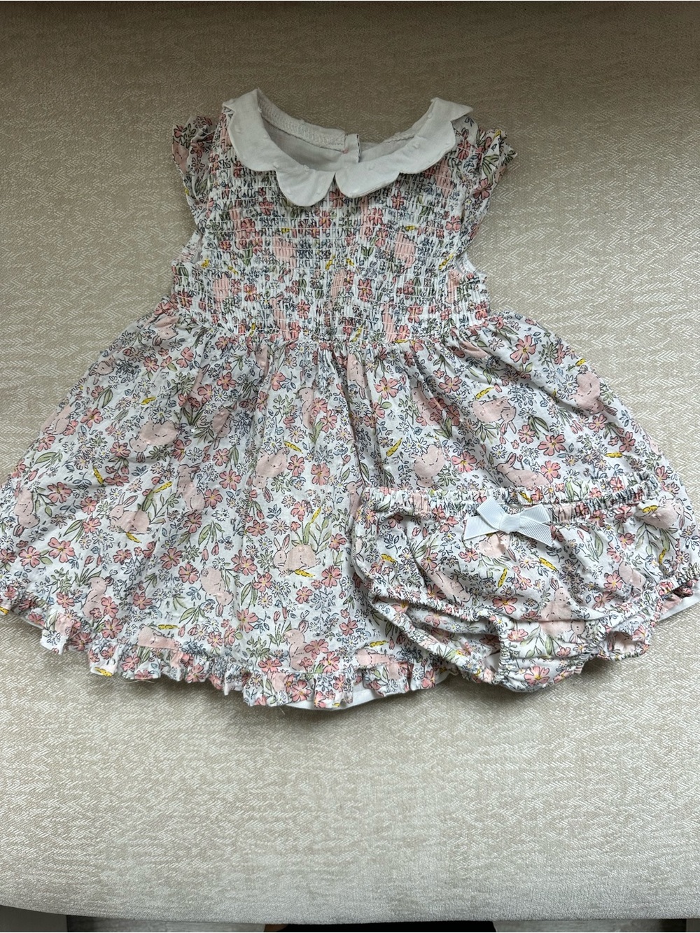 Baby Floral Smocked Dress with Peter Pan Collar - Pink & White